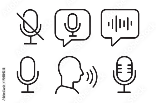 A collection of thin black line icons representing various aspects of voice speech and microphones