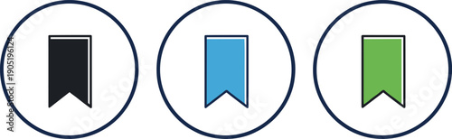 Bookmark ribbon icons set inside circular frames representing save favorite reading list and user interface navigation concept