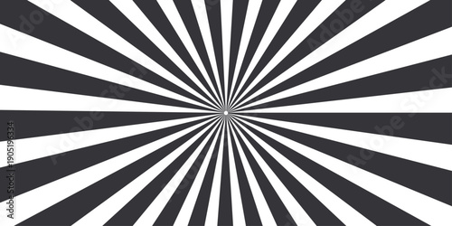 A black and white radial rays abstract background features a vintage sunburst design with grunge texture and spiral lines, creating a retro vector illustration for a classic paper backdrop