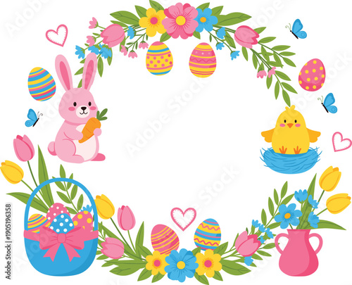 Cute Easter wreath vector with bunny chick eggs flowers and festive spring holiday decorative frame illustration