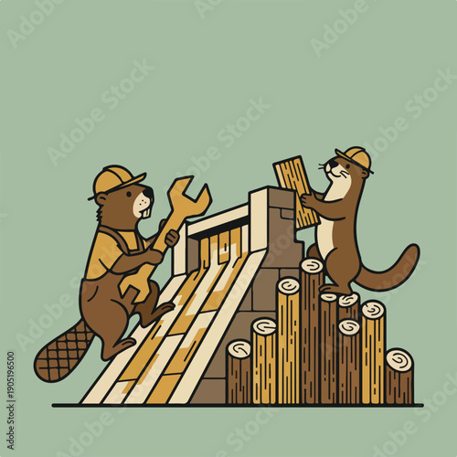 A hardworking beaver and otter, both in hard hats, collaborate on building a wooden dam, with the beaver holding a wrench and the otter carrying a plank.