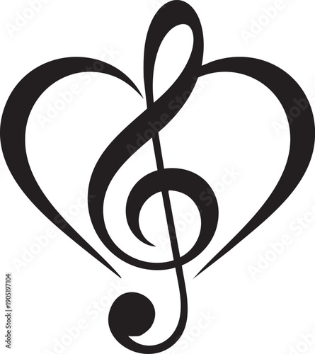 A stylized black treble clef forming a heart shape on a white background symbolizing the connection between music and love.