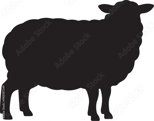 Black silhouette of a sheep standing white background