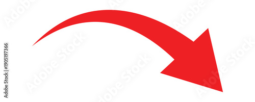 Red downward curved arrow icon. This arrow icon indicate navigation, downfall, un improvement, loss, unsuccess etc. Red curved arrow icon isolated on white background. Vector illustration.