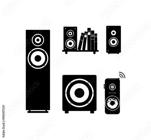 Modern Home Audio Speaker Set Vector Illustration
