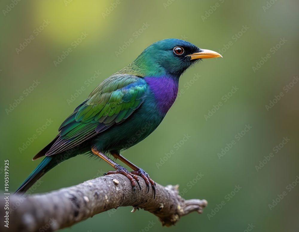 Obraz premium Emerald Starling bird perched on branch. Its feathers iridescent green and purple. Birding photo shows avian fauna in its natural forest habitat. Wildlife photography.