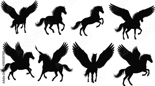 Silhouette Set of Pegasus Flying Horses and Mythical Stallions with Wings for Fantasy Design Greek Mythology and Magical Creature Concept Art