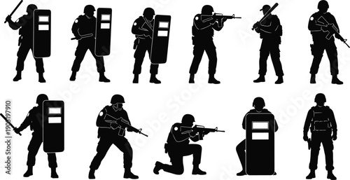 Silhouette Set of Police Riot Control Officers and Special Forces Soldiers with Tactical Gear Shields Rifles and Batons for Law Enforcement