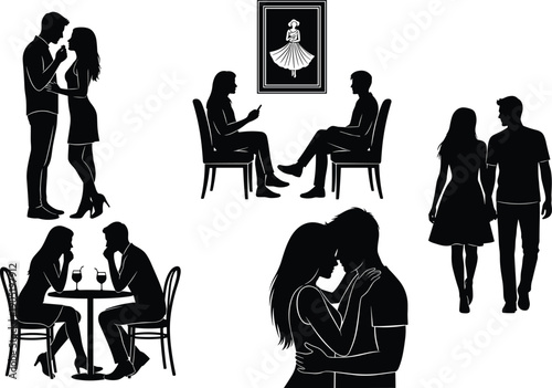 Couple, silhouette, set, romantic, relationship, love, dating, conversation, walking, hugging, kissing, illustration, collection, isolated, white, background, lifestyle, people, design, elements