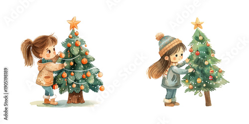 cute girl decorated christmas tree watercolor vector illustration