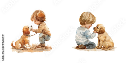 cute kid play with dog watercolor vector illustration