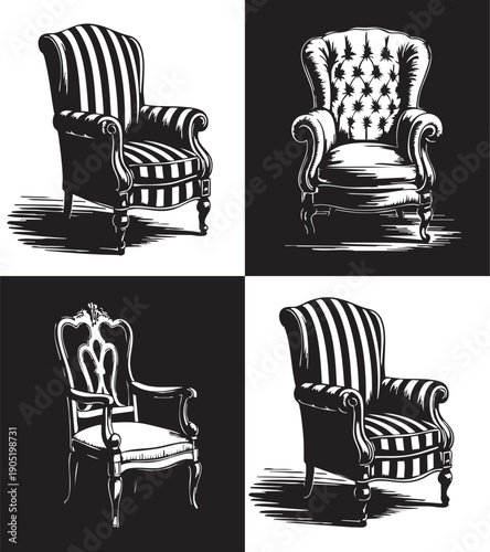 Four different armchairs are depicted in a collage showcasing various stylish designs and intricate patterns in a monochromatic color scheme with elegant and classic silhouettes.