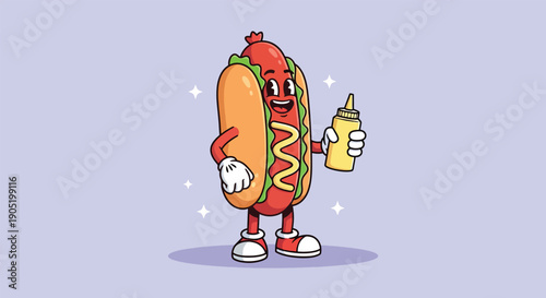 Cartoon hot dog character holding a mustard bottle.