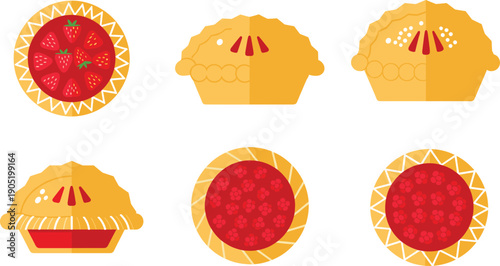 Strawberry Pie Collection Whole and Slice Views Sweet Bakery Dessert Flat Vector Illustration Set