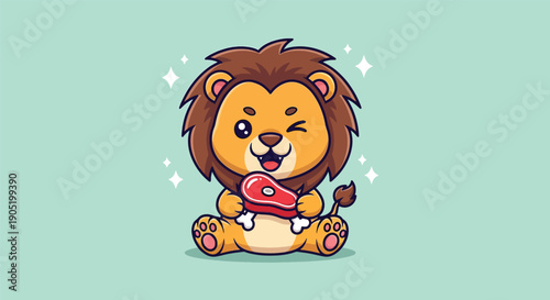 Cute Cartoon Lion Eating Meat.
