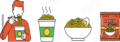 Instant Ramen Noodles Set with Man Eating Cup Bowl and Packaging Isolated on White Background Flat Vector Illustration
