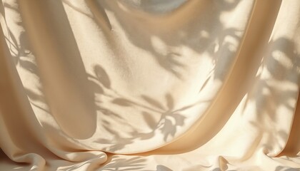 Soft beige fabric draped with dappled sunlight and leaf shadows. Natural light creates organic patterns on textured material. Ideal for minimalist or aesthetic backgrounds.