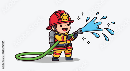 Cute Firefighter Character Spraying Water from Hose.
