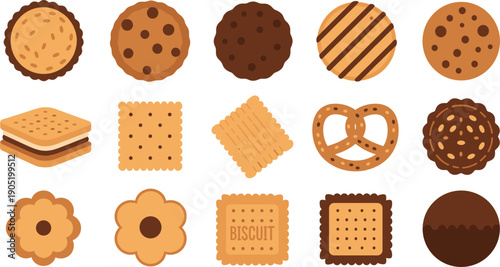 Assorted Biscuit and Cookie Collection with Chocolate Sandwich and Pretzel Isolated on White Background Flat Vector Illustration