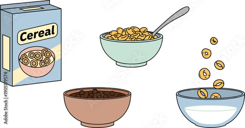 Breakfast Cereal Set Vector Illustration with Blue Cereal Box Milk Bowl with Floating Rings and Various Grain Bowls Isolated