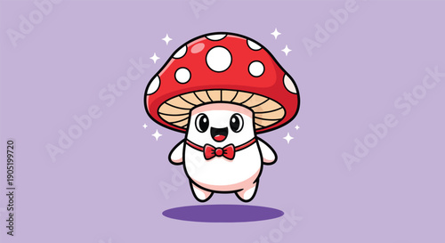 Cute Mushroom Character with Red Cap and Bow Tie Vector Illustration.