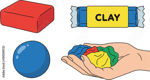 Colorful Modeling Clay Set Vector Illustration with Red Block Blue Ball and Hand Holding Multi Colored Play Dough Plasticine
