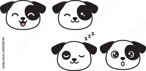 Cute Panda Dog Face Emotions Set with Happy Sleeping and Surprised Expressions Isolated on White Background Flat Vector