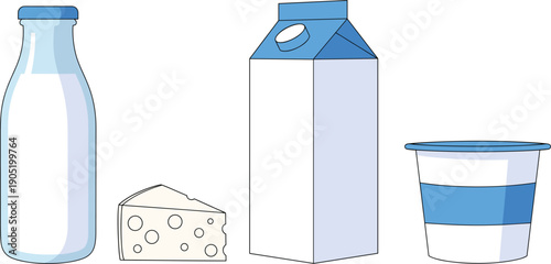 Dairy Products Vector Illustration Set with Milk Bottle Paper Carton Pack Fresh Cheese Slice and Yogurt Cup Isolated Objects