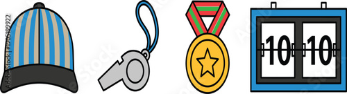 Sports Equipment Vector Illustration Set with Referee Whistle Gold Medal Winner Award Scoreboard and Blue Striped Sports Cap