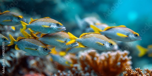 French grunt fish swimming over coral reef in turquoise water