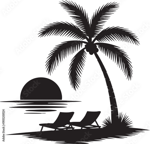 Two beach chairs under a palm tree at sunset on a tropical island getaway