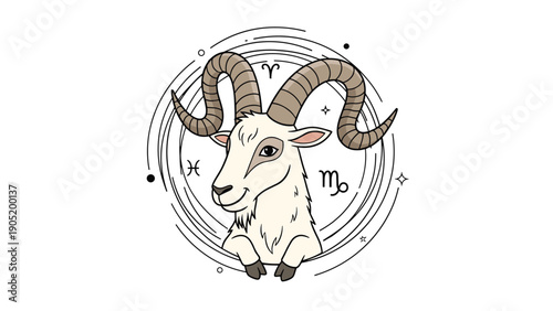 Cute cartoon illustration of the Capricorn zodiac sign, featuring a friendly goat with large horns in a circular frame.