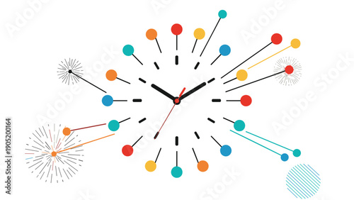 Abstract mid-century modern style wall clock with colorful dots instead of numbers, creating a dynamic and retro design.