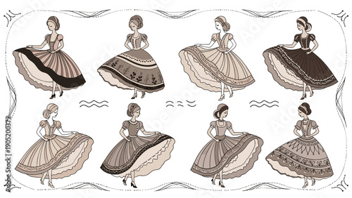 Collection of eight elegant young women in beautiful, vintage-style dresses with full skirts, rendered in sepia tones.