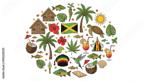 Circular collection of colorful icons representing Jamaican culture, nature, and travel, including the flag and palm trees.