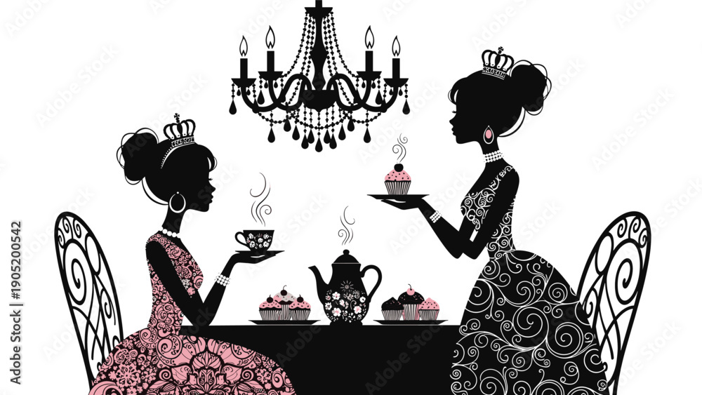 Naklejka premium Silhouette of two elegant princesses enjoying a tea party with cupcakes and tea under a fancy black chandelier illustration.