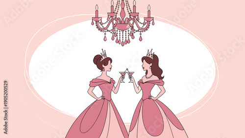 Elegant illustration of two beautiful princesses in pink ball gowns toasting with glasses under a crystal chandelier.