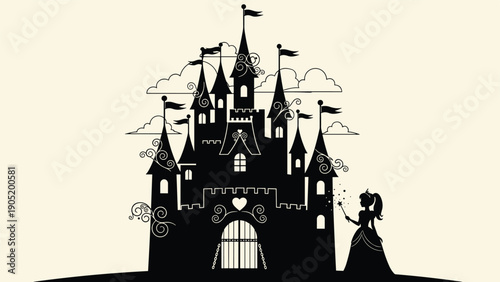 Silhouette of a fairytale princess with a magic wand standing before a grand and magical castle against a pale background.