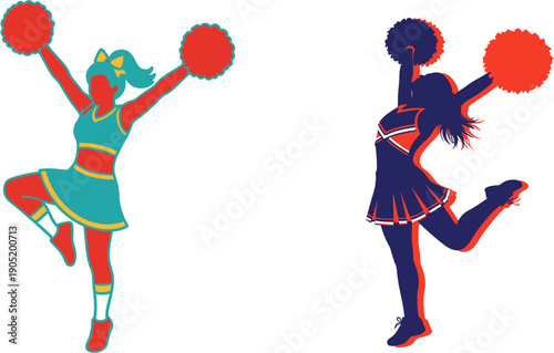 Silhouettes of energetic cheerleaders performing routines with pom-poms, conveying athleticism and team spirit
