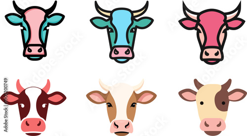 Set of six illustrated cow heads, featuring a variety of colors and expressions, perfect for farm-themed designs and agricultural concepts