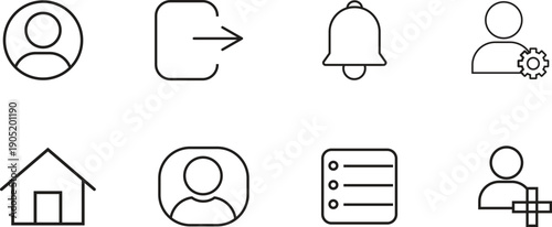 User Interface Line Icons Set for Profile Login Notification Home Settings and Account Management Apps Isolated on transparent background.