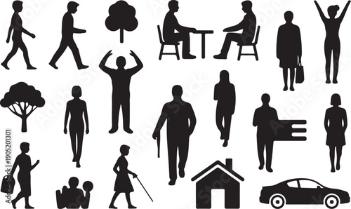 Silhouettes of people and in various activities and settings