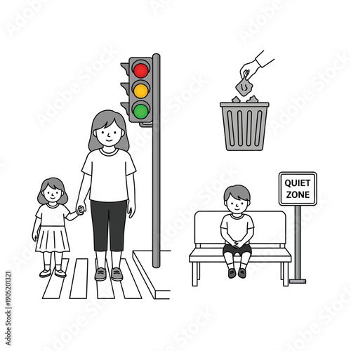 Illustrations depicting various aspects of public etiquette, including road safety, waste disposal, and maintaining quiet in designated areas.