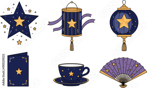Celestial star decoration set, lantern illustration, cosmic motif artwork, astronomy-inspired graphic design, ornamental vector, dark blue and gold symbol pack
