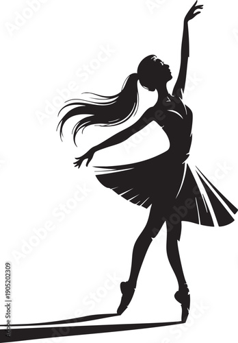 Young ballerina dances with elegance and poise in a beautiful black silhouette on a white background showcasing her love for ballet and classical dance with flowing hair and skirt.
