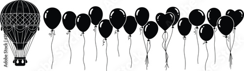 Balloon silhouette set, hot air balloon illustration, celebration graphic artwork, flight design vector, party decoration icon, black and white symbol pack