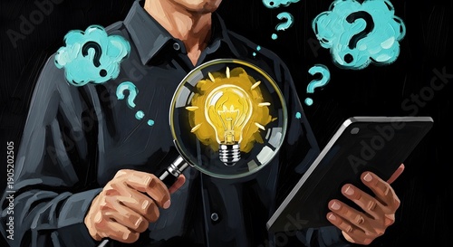 Man examines light bulb with magnifying glass and tablet