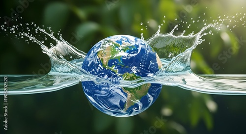 Earth globe emerging from water with lush green background