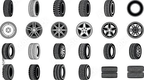 Car tire and rim illustration set, automotive wheel artwork, vehicle maintenance graphic design, tread pattern vector, black and white icon pack