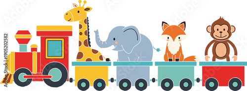 Cartoon animal train illustration, children’s toy artwork, playful zoo graphic design, educational vector, colorful kids icon, storytelling symbol collection